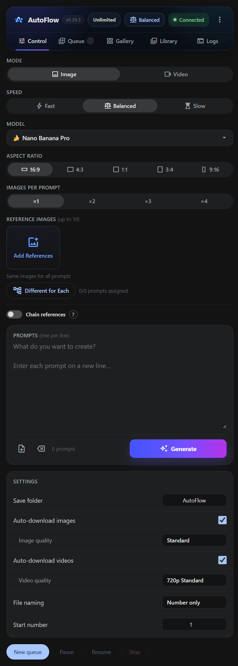 AutoFlow Control tab showing image and video generation settings