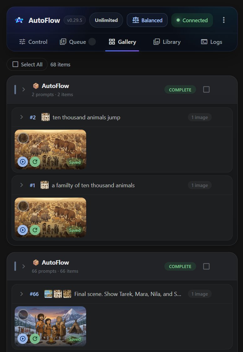 AutoFlow Gallery tab showing generated images grouped by batch