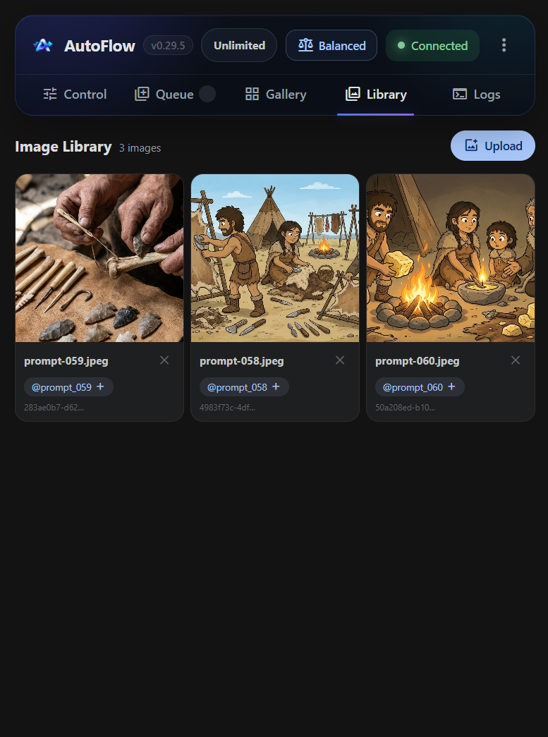 AutoFlow Library tab showing reusable reference images