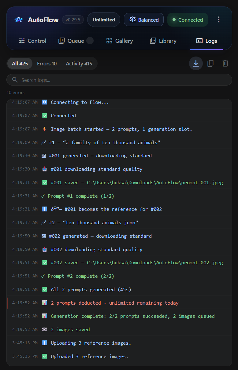 AutoFlow Logs tab showing generation and download activity