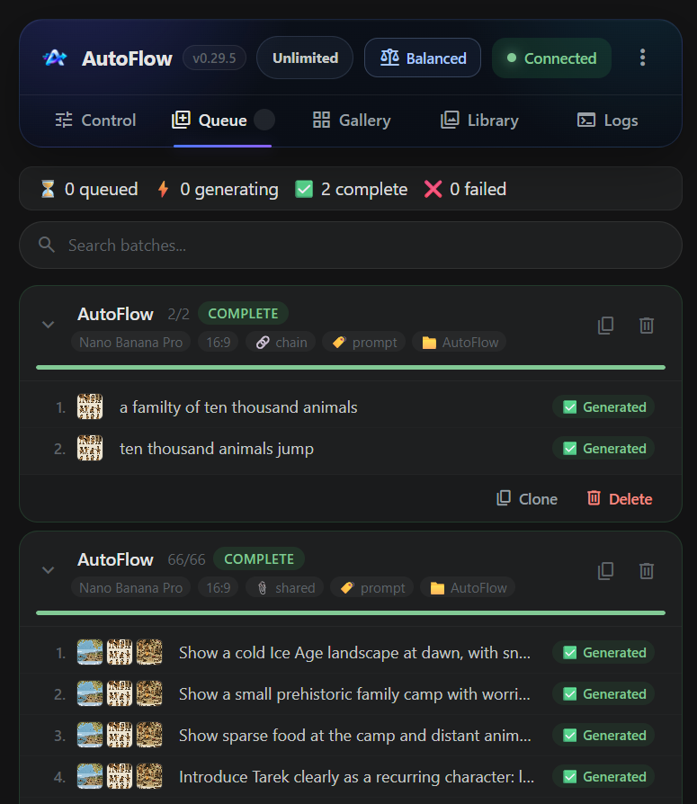 AutoFlow Queue tab showing batch progress and controls